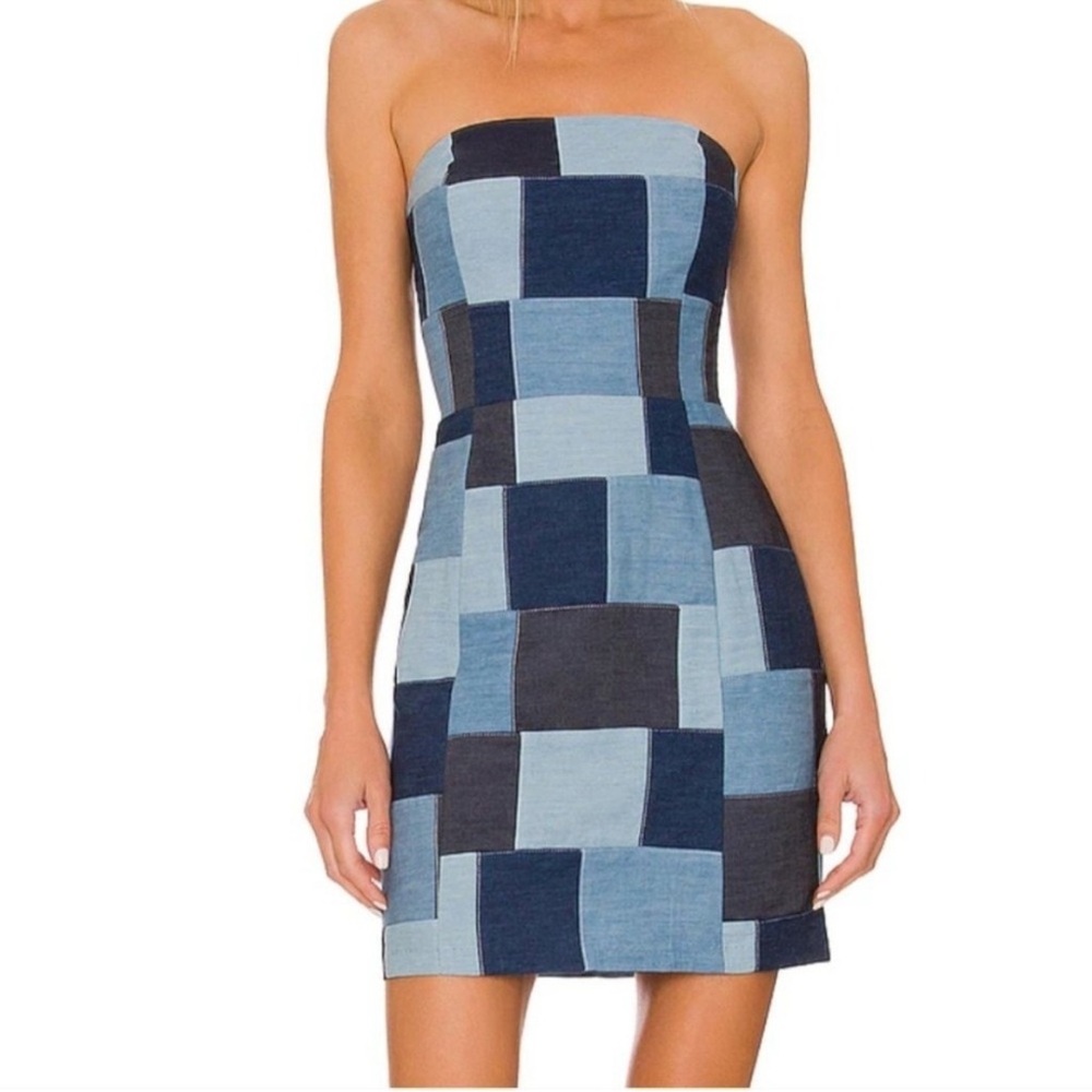 Amanda Uprichard Patchwork Strapless Denim Dress … - image 1